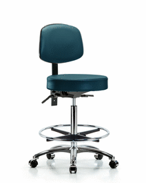 Vinyl Stool with Back Chrome - High Bench Height with Chrome Foot Ring and Casters in Marine Blue Supernova Vinyl