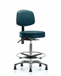 Vinyl Stool with Back Chrome - High Bench Height with Seat Tilt, Chrome Foot Ring, and Stationary Glides in Marine Blue Supernova Vinyl