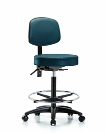 Vinyl Stool with Back - High Bench Height with Seat Tilt, Chrome Foot Ring, and Casters in Carbon Supernova Vinyl