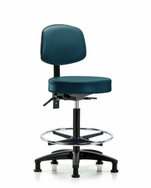 Vinyl Stool with Back - High Bench Height with Seat Tilt, Chrome Foot Ring, and Stationary Glides in Carbon Supernova Vinyl