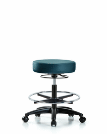 Vinyl Stool without Back - Medium Bench Height with Chrome Foot Ring and Casters in Carbon Supernova Vinyl
