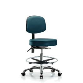 Vinyl Stool with Back Chrome - Medium Bench Height with Chrome Foot Ring and Casters in Sterling Supernova Vinyl