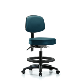Vinyl Stool with Back - Medium Bench Height with Black Foot Ring and Casters in Carbon Supernova Vinyl