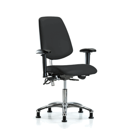 Class 100 Vinyl Clean Room/ESD Chair - Desk Height with Medium Back, Adjustable Arms, and ESD Stationary Glides in Black ESD Vinyl