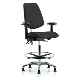 Class 100 Vinyl Clean Room/ESD Chair - High Bench Height, Medium Back, Adj Arms, Chrome Foot Ring, ESD Stationary Glides, Black ESD Vinyl