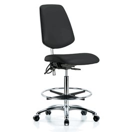Class 100 Vinyl Clean Room/ESD Chair - High Bench Height with Medium Back, Seat Tilt, Chrome Foot Ring, and ESD Casters in Black ESD Vinyl