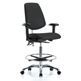 Class 100 Vinyl Clean Room/ESD Chair - High Bench Height, Medium Back, Seat Tilt, Adj Arms, Chrome Foot Ring, ESD Casters, Black ESD Vinyl
