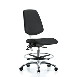 Class 100 Vinyl Clean Room/ESD Chair - Medium Bench Height with Medium Back, Chrome Foot Ring, and ESD Casters in Black ESD Vinyl