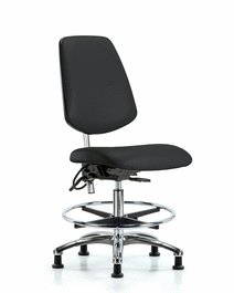 Class 100 Vinyl Clean Room/ESD Chair - Medium Bench Height with Medium Back, Chrome Foot Ring, and ESD Stationary Glides in Black ESD Vinyl
