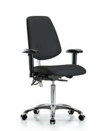 Class 100 Vinyl Clean Room/ESD Chair - Medium Bench Height with Medium Back, Adjustable Arms, and ESD Casters in Black ESD Vinyl