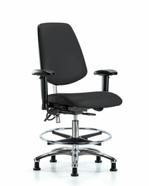 Class 100 Vinyl Clean Room/ESD Chair-Medium Bench Height, Medium Back, Seat Tilt, Adj Arms, Chrome FR, ESD Glides, Black ESD Vinyl