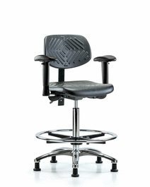 Polyurethane Chair Chrome - High Bench Height with Adjustable Arms, Chrome Foot Ring, and Stationary Glides in Blue Polyurethane