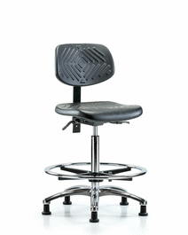 Polyurethane Chair Chrome - High Bench Height with Seat Tilt, Chrome Foot Ring, and Stationary Glides in Blue Polyurethane