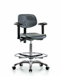 Polyurethane Chair Chrome - High Bench Height with Seat Tilt, Adjustable Arms, Chrome Foot Ring, and Casters in Blue Polyurethane