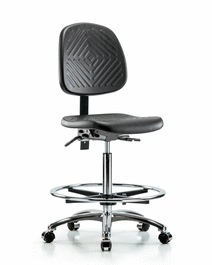 Polyurethane Chair Chrome - High Bench Height with Medium Back, Seat Tilt, Chrome Foot Ring, and Casters in Blue Polyurethane