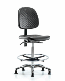 Polyurethane Chair Chrome - High Bench Height with Medium Back, Seat Tilt, Chrome Foot Ring, and Stationary Glides in Blue Polyurethane
