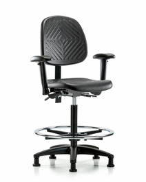 Polyurethane Chair Chrome - High Bench Height, Medium Back, Seat Tilt, Adj Arms, Chrome Foot Ring, Stationary Glides, Blue Polyurethane