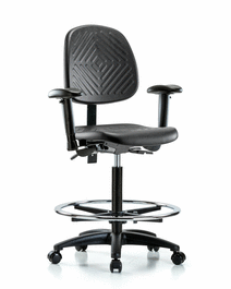 Polyurethane Chair - High Bench Height with Medium Back, Seat Tilt, Adjustable Arms, Chrome Foot Ring, and Casters in Blue Polyurethane