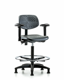 Polyurethane Chair - High Bench Height with Adjustable Arms, Chrome Foot Ring, and Stationary Glides in Blue Polyurethane