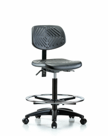 Polyurethane Chair - High Bench Height with Seat Tilt, Chrome Foot Ring, and Casters in Black Polyurethane