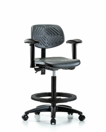 Polyurethane Chair - High Bench Height with Seat Tilt, Adjustable Arms, Black Foot Ring, and Casters in Blue Polyurethane