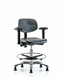 Polyurethane Chair Chrome - Medium Bench Height with Adjustable Arms, Chrome Foot Ring, and Stationary Glides in Blue Polyurethane