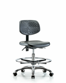 Polyurethane Chair Chrome - Medium Bench Height with Seat Tilt, Chrome Foot Ring, and Casters in Blue Polyurethane