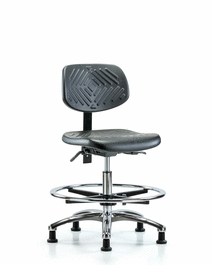 Polyurethane Chair Chrome - Medium Bench Height with Seat Tilt, Chrome Foot Ring, and Stationary Glides in Blue Polyurethane