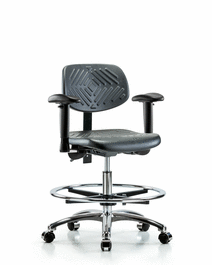 Polyurethane Chair Chrome - Medium Bench Height with Seat Tilt, Adjustable Arms, Chrome Foot Ring, and Casters in Blue Polyurethane