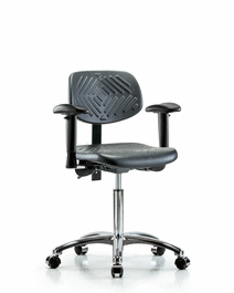 Polyurethane Chair Chrome - Medium Bench Height with Seat Tilt, Adjustable Arms, and Casters in Blue Polyurethane