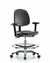 Polyurethane Chair Chrome - Medium Bench Height, Medium Back, Seat Tilt, Adjustable Arms, Chrome Foot Ring, and Casters, Blue Polyurethane