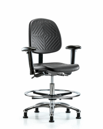 Polyurethane Chair Chrome - Medium Bench Height, Medium Back, Seat Tilt, Adj Arms, Chrome Foot Ring, Stationary Glides, Blue Polyurethane