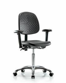 Polyurethane Chair Chrome - Medium Bench Height with Medium Back, Seat Tilt, Adjustable Arms, and Casters in Blue Polyurethane