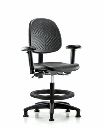 Polyurethane Chair - Medium Bench Height, Medium Back, Seat Tilt, Adjustable Arms, Black Foot Ring, Stationary Glides, Blue Polyurethane