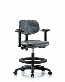 Polyurethane Chair - Medium Bench Height with Seat Tilt, Adjustable Arms, Black Foot Ring, and Casters in Blue Polyurethane