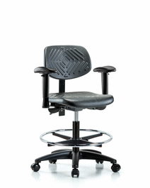 Polyurethane Chair - Medium Bench Height with Seat Tilt, Adjustable Arms, Black Foot Ring, and Stationary Glides in Blue Polyurethane