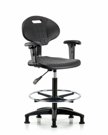 Erie Polyurethane Chair - High Bench Height with Chrome Foot Ring, Adjustable Arms, and Stationary Glides in Blue Polyurethane