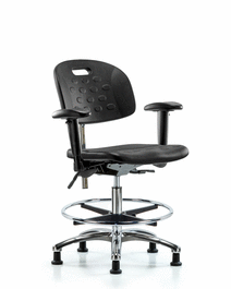 Class 100 Newport Industrial Polyurethane Clean Room Chair-Medium Bench Height, Seat Tilt, Adj Arms, Chrome FR, Glides, Blue Polyurethane