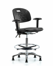 Poly Clean Room Chair, High Bench, Tilt, Arms, Foot Ring, Glides, Gray Poly