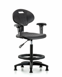 Erie Polyurethane Chair - High Bench Height with Black Foot Ring, Adjustable Arms, and Stationary Glides in Blue Polyurethane