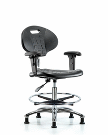 Class 10 Erie Polyurethane Clean Room Chair - Medium Bench Height, Adjustable Arms, Chrome Foot Ring, Stationary Glides, Blue Polyurethane