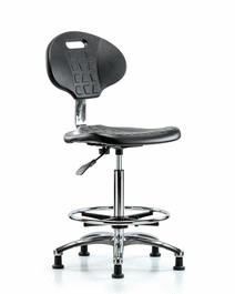 Class 10 Erie Polyurethane Clean Room Chair - High Bench Height with Chrome Foot Ring and Stationary Glides in Blue Polyurethane