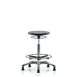 Class 10 Huron Polyurethane Clean Room Stool - High Bench Height with Chrome Foot Ring and Stationary Glides in Black Polyurethane