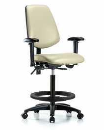 Vinyl Chair - High Bench Height with Medium Back, Adjustable Arms, Black Foot Ring, and Casters in Colonial Blue Trailblazer Vinyl