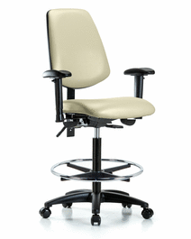 Vinyl Chair - High Bench Height with Medium Back, Seat Tilt, Adjustable Arms, Chrome Foot Ring, and Casters in Adobe White Trailblazer Vinyl