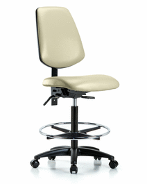 Vinyl Chair - High Bench Height with Medium Back, Seat Tilt, Chrome Foot Ring, and Casters in Adobe White Trailblazer Vinyl