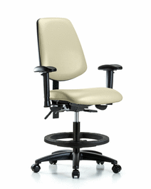 Vinyl Chair - Medium Bench Height with Medium Back, Adjustable Arms, Black Foot Ring, and Casters in Adobe White Trailblazer Vinyl