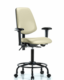 Vinyl Chair - Medium Bench Height with Round Tube Base, Medium Back, Adjustable Arms, and Casters in Adobe White Trailblazer Vinyl