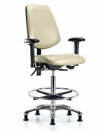 Vinyl Chair Chrome - High Bench Height with Medium Back, Adjustable Arms, Chrome Foot Ring, and Stationary Glides in Black Trailblazer Vinyl