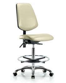 Vinyl Chair Chrome - High Bench Height with Medium Back, Chrome Foot Ring, and Casters in Adobe White Trailblazer Vinyl